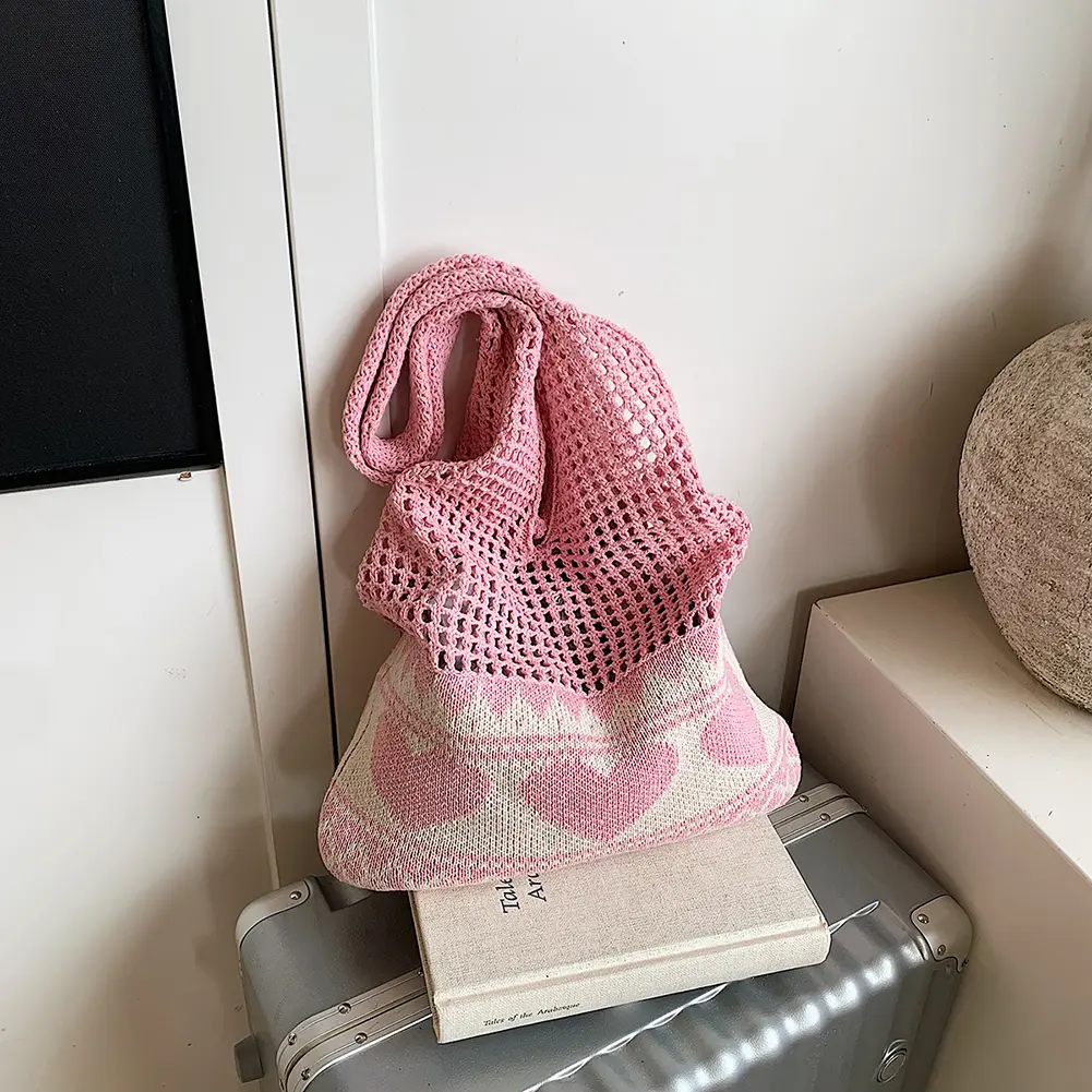 Women Aesthetic Love Hobo Bag Hollow Out Knitting Shoulder Bag Large Capacity Knitted Beach Handbag Ladies Daily Handbag