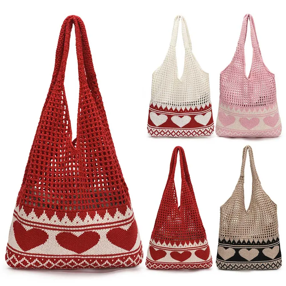 Women Aesthetic Love Hobo Bag Hollow Out Knitting Shoulder Bag Large Capacity Knitted Beach Handbag Ladies Daily Handbag
