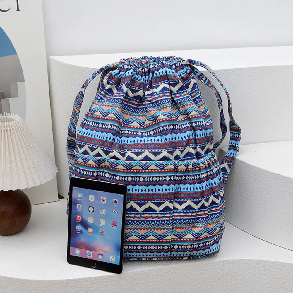 Women Boho Printed Backpack Ethnic Style Canvas Vintage Drawstring Backpack Geometric Patterns Backpack Outdoor Daily Backpack