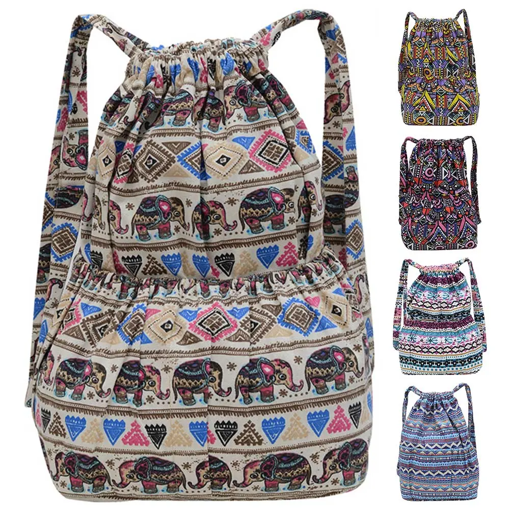Women Boho Printed Backpack Ethnic Style Canvas Vintage Drawstring Backpack Geometric Patterns Backpack Outdoor Daily Backpack
