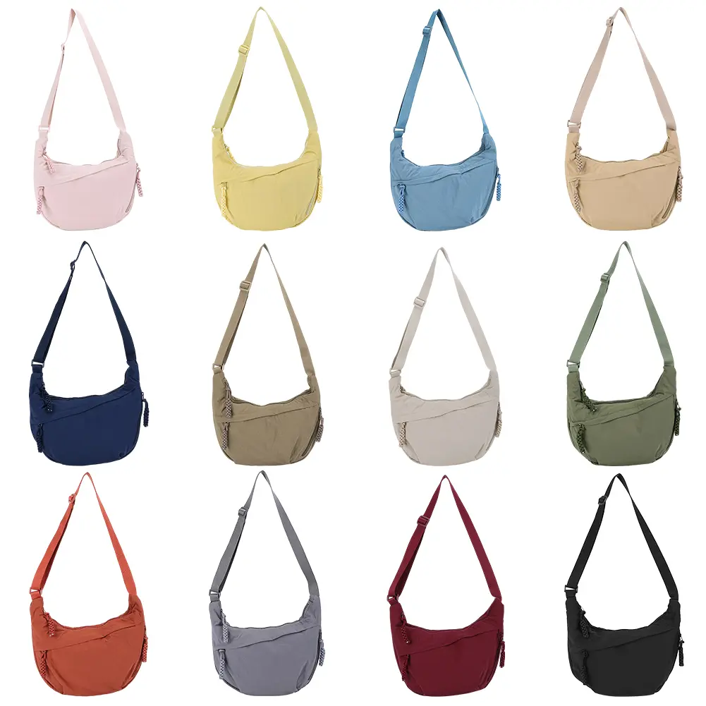 Nylon Crossbody Bag with Zipper Trendy Crescent Bag with Adjustable Strap Casual Sling Bag for Women Gym Shopping Beach Travel