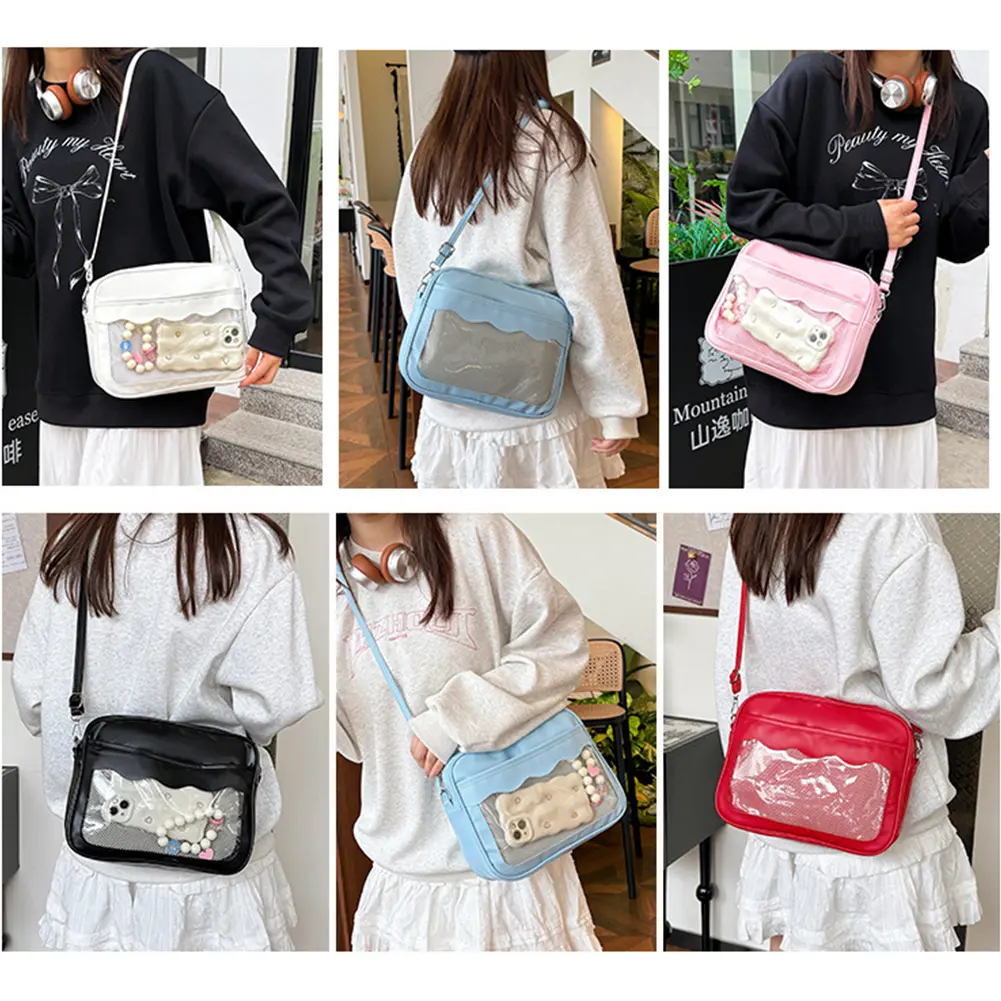 Women Transparent Crossbody Bag Solid Color PU Leather Small Square Bag Kawaii Itabag Travel Shopping Commute Bag