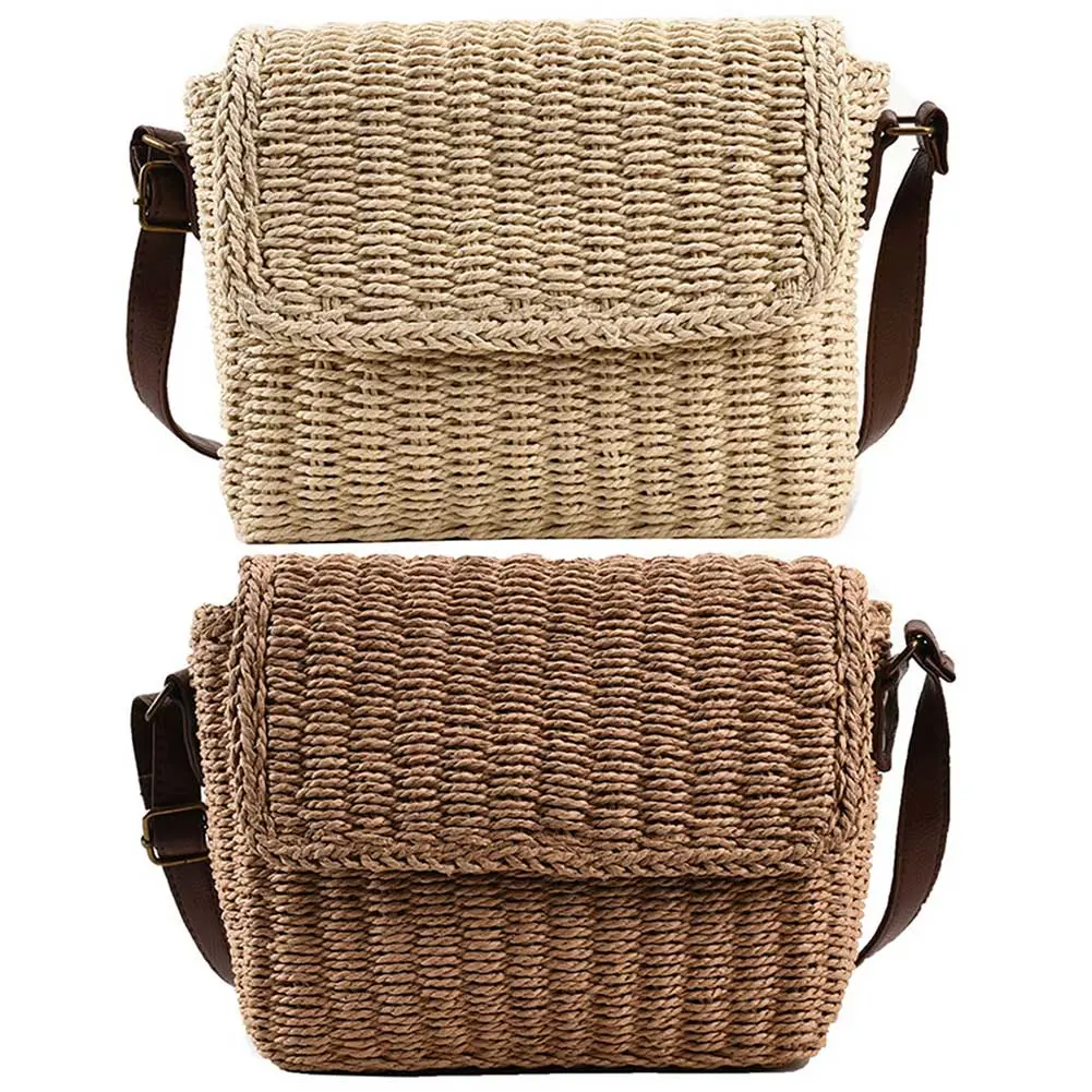 Women Weave Straw Bag Summer Straw Beach Bag Vintage Weaving Messenger Bag Adjustable Strap Handmade Travel Flap Bag