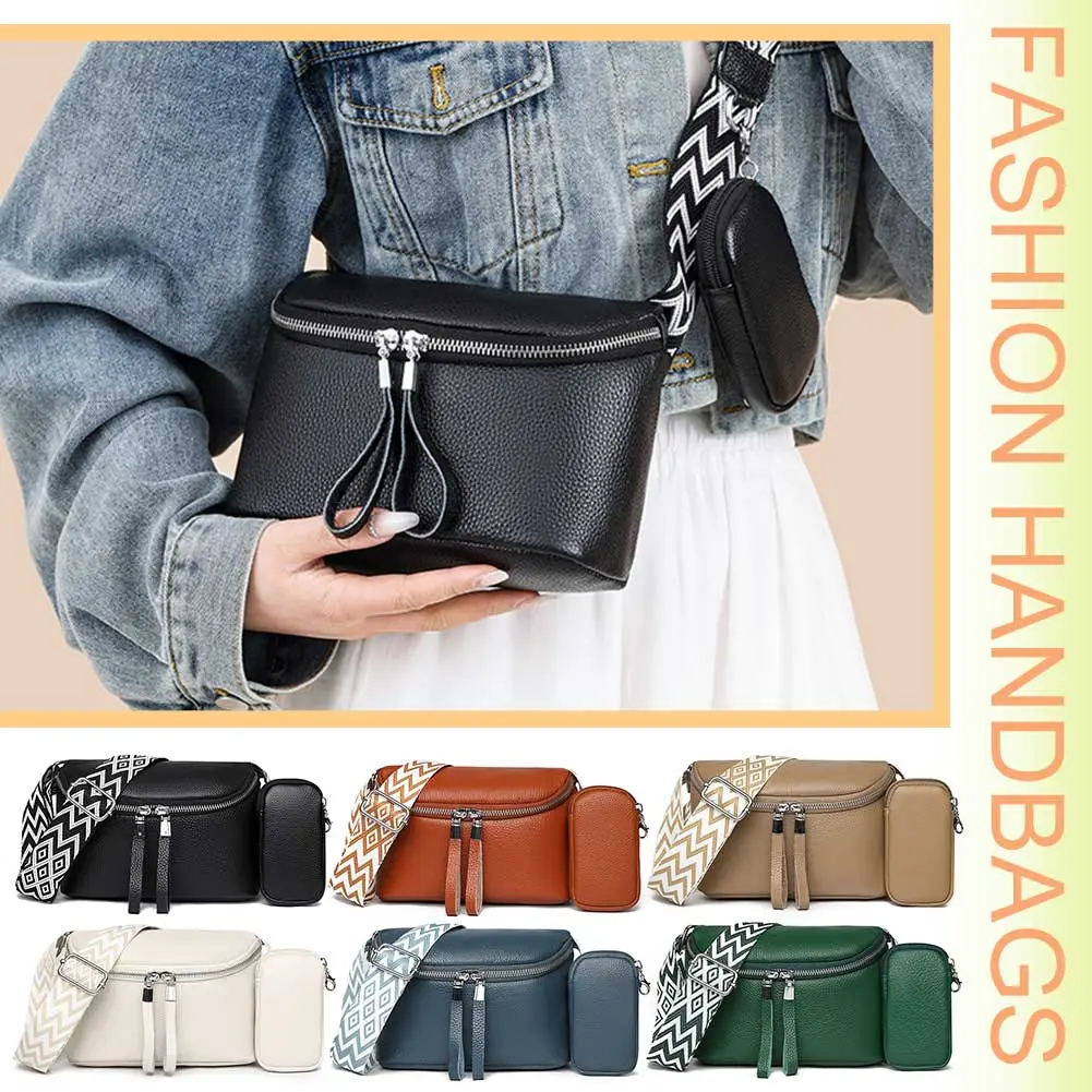 Women Fashion Sling Bag with Wide Strap Classic Dating Bag PU Leather Simple Shoulder Purse Commute Bag with Matching Clutch Set