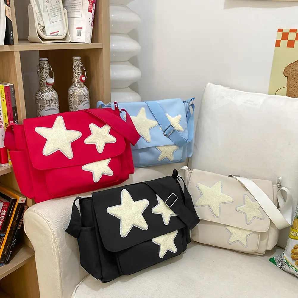 Women Casual Tote Bag with Side Pockets Y2K Star Messenger Bag Nylon Shoulder Bag Large Capacity for Outdoor Travel