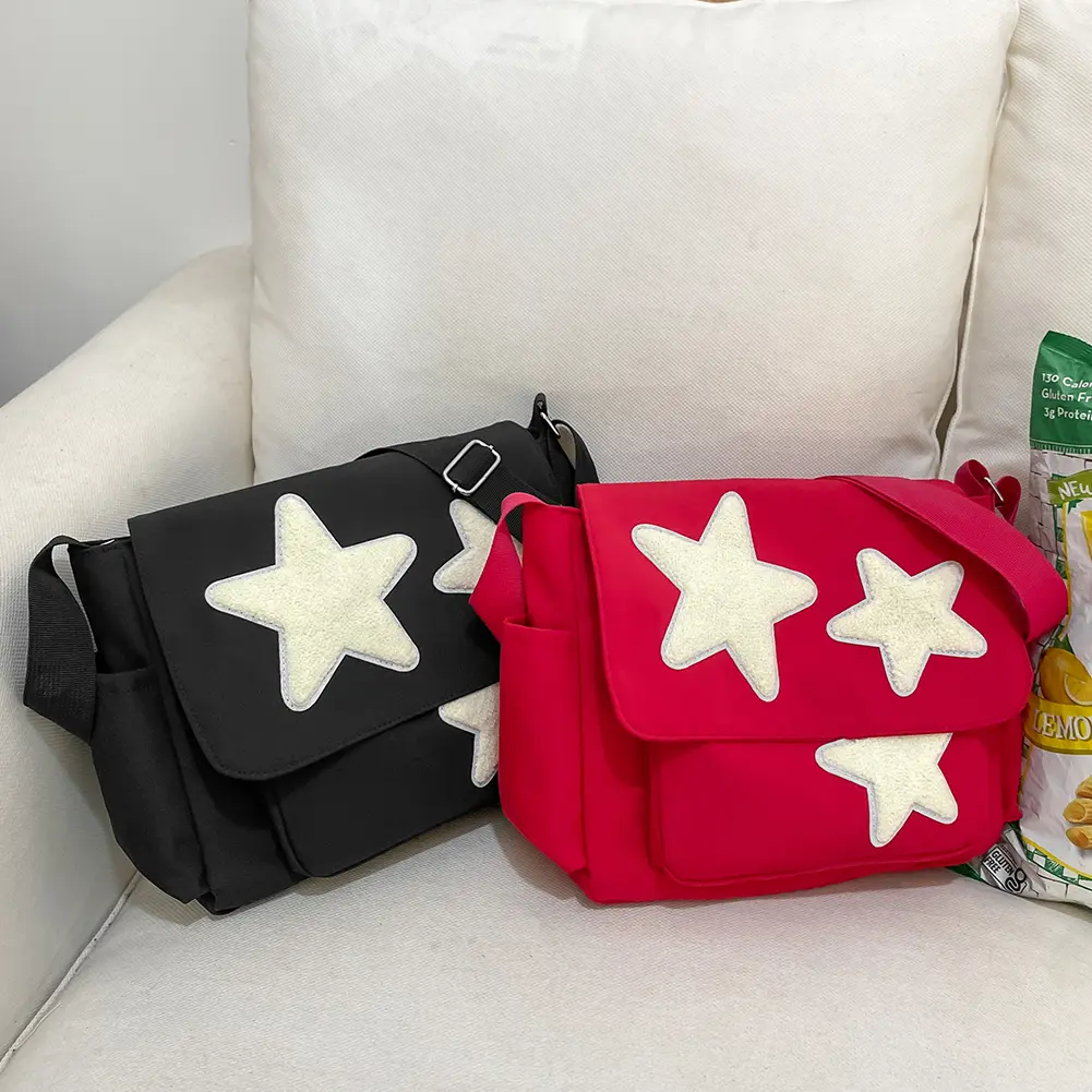 Women Casual Tote Bag with Side Pockets Y2K Star Messenger Bag Nylon Shoulder Bag Large Capacity for Outdoor Travel
