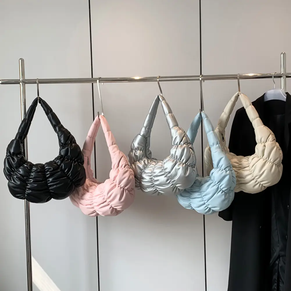 Women Padded Clutch Handbag Large Capacity PU Pleated Underarm Bag Crescent Shoulder Bag Solid Color for Party Vacation