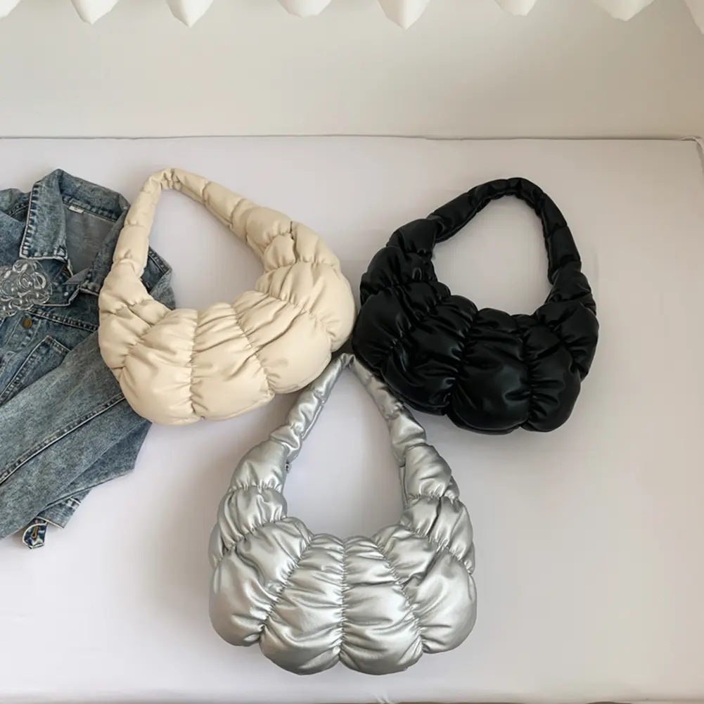 Women Padded Clutch Handbag Large Capacity PU Pleated Underarm Bag Crescent Shoulder Bag Solid Color for Party Vacation