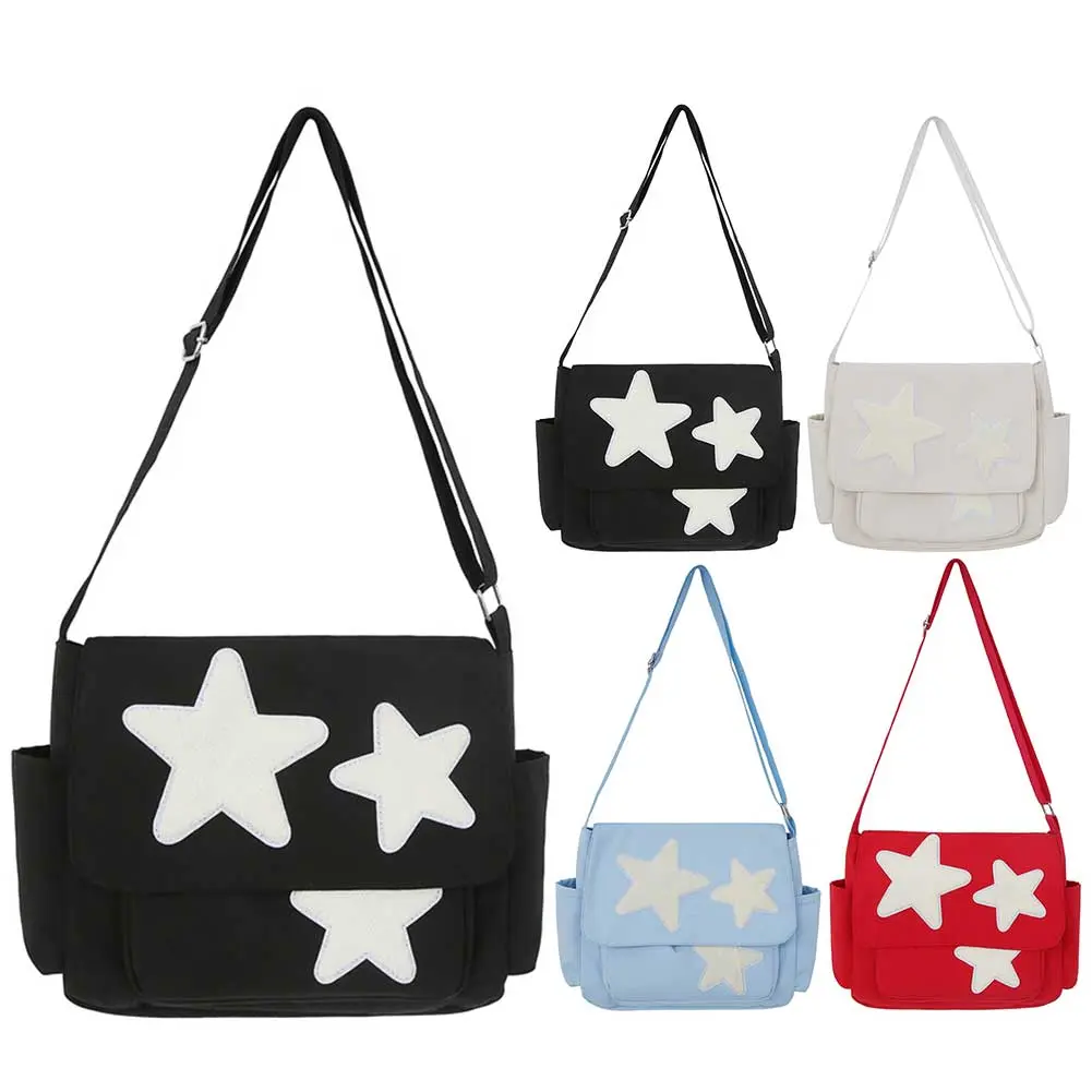 Women Casual Tote Bag with Side Pockets Y2K Star Messenger Bag Nylon Shoulder Bag Large Capacity for Outdoor Travel