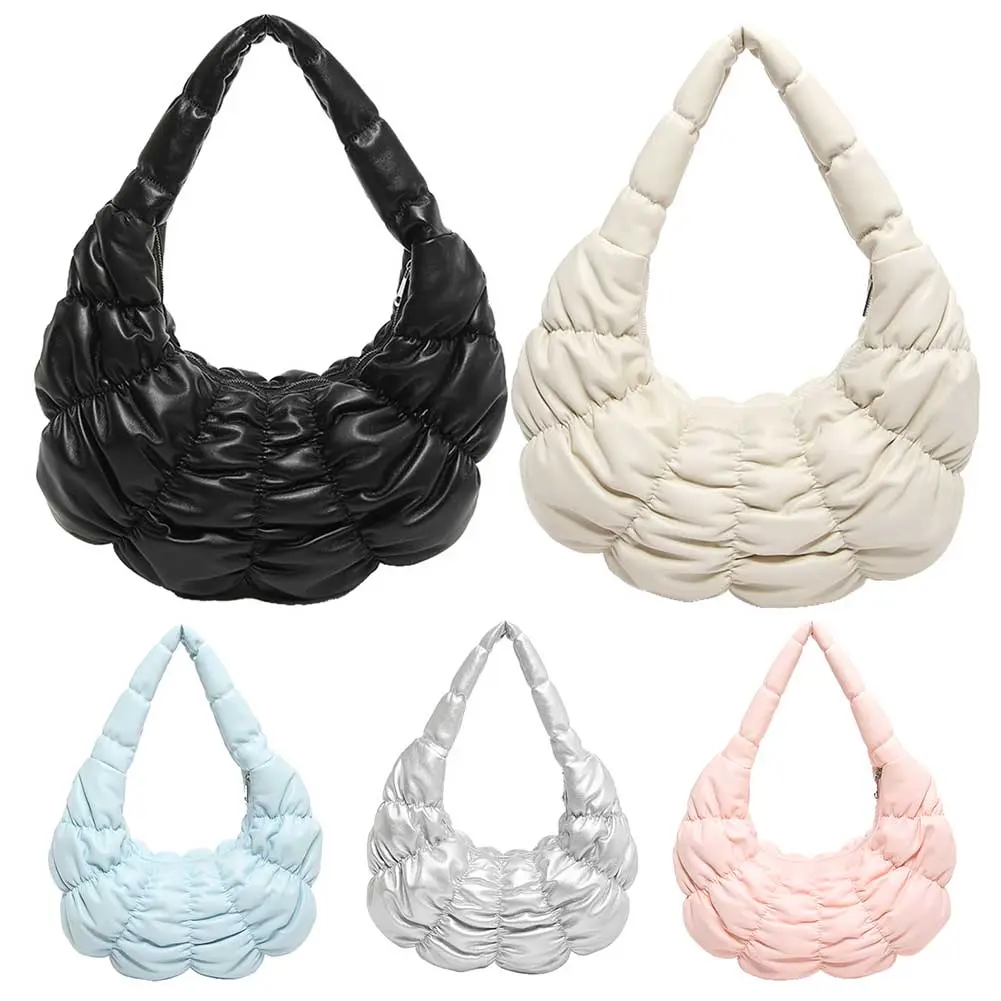 Women Padded Clutch Handbag Large Capacity PU Pleated Underarm Bag Crescent Shoulder Bag Solid Color for Party Vacation