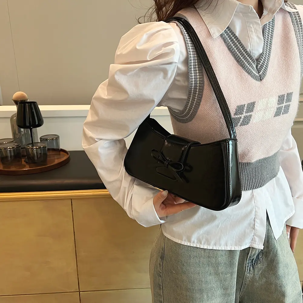 Women Casual Tote Handbag with Bow Leisure Armpit Handbag Solid Color Fashion Shoulder Purse Girls Outdoor Daily Bag