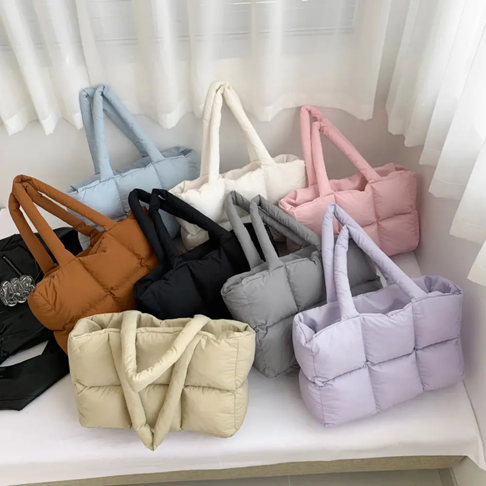 Women Puffer Shoulder Bag Solid Color Quilted Single Shoulder Bag Large Capacity Soft Cloud Tote Bag Trendy Commuting Bags