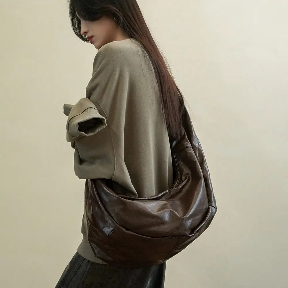 Women Vintage Crossbody Bag Large Capacity Half Moon Tote Bag Solid Color Simple Sling Handbag Female Commute Bag