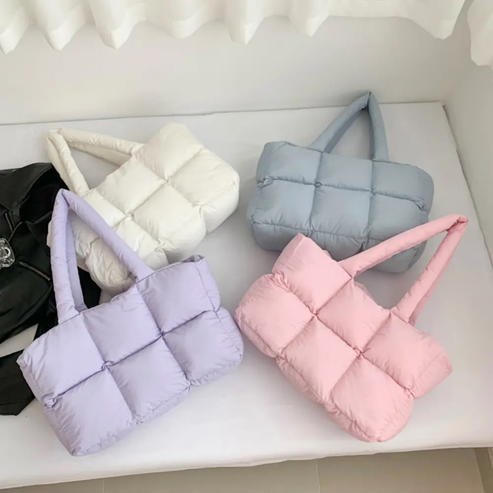 Women Puffer Shoulder Bag Solid Color Quilted Single Shoulder Bag Large Capacity Soft Cloud Tote Bag Trendy Commuting Bags