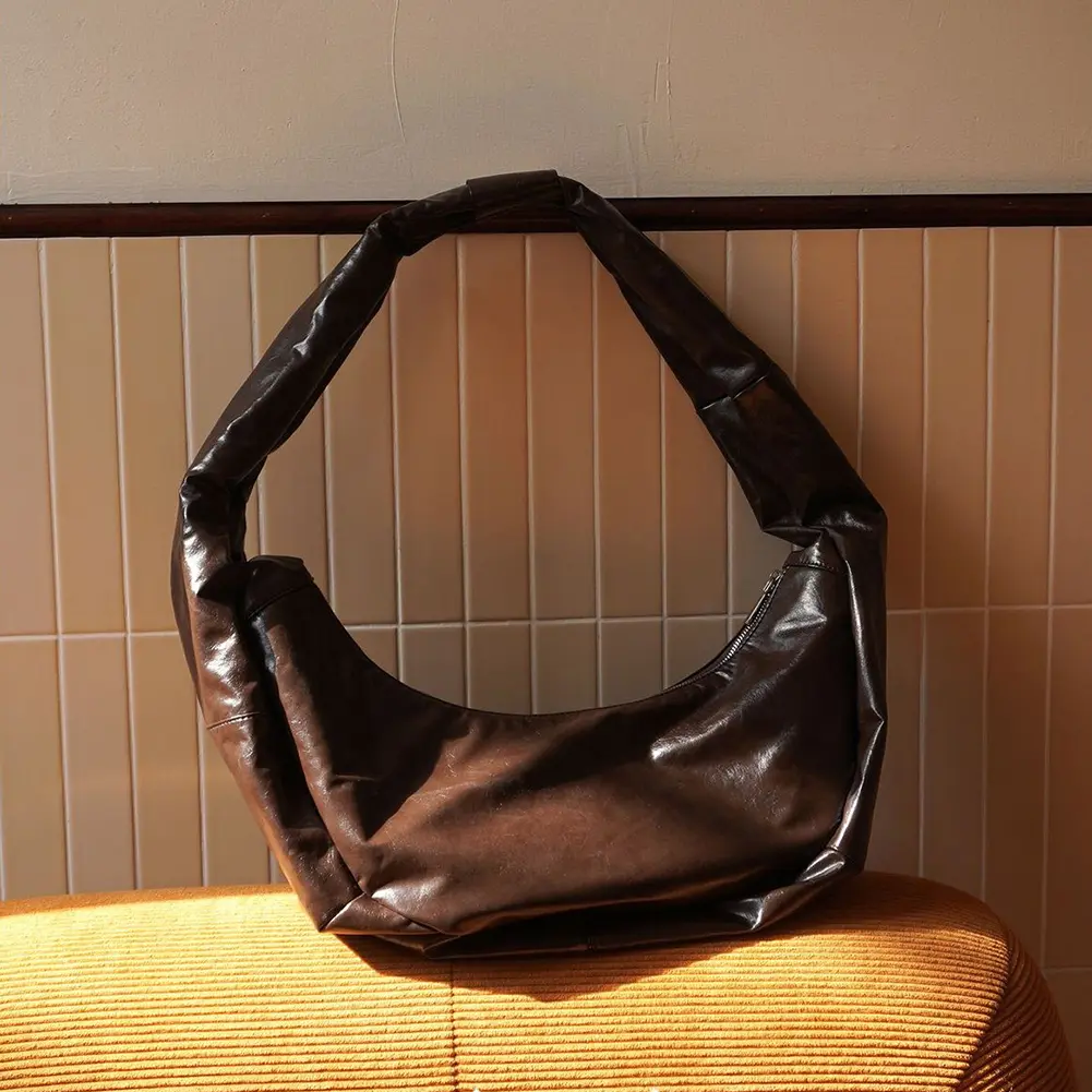 Women Vintage Crossbody Bag Large Capacity Half Moon Tote Bag Solid Color Simple Sling Handbag Female Commute Bag
