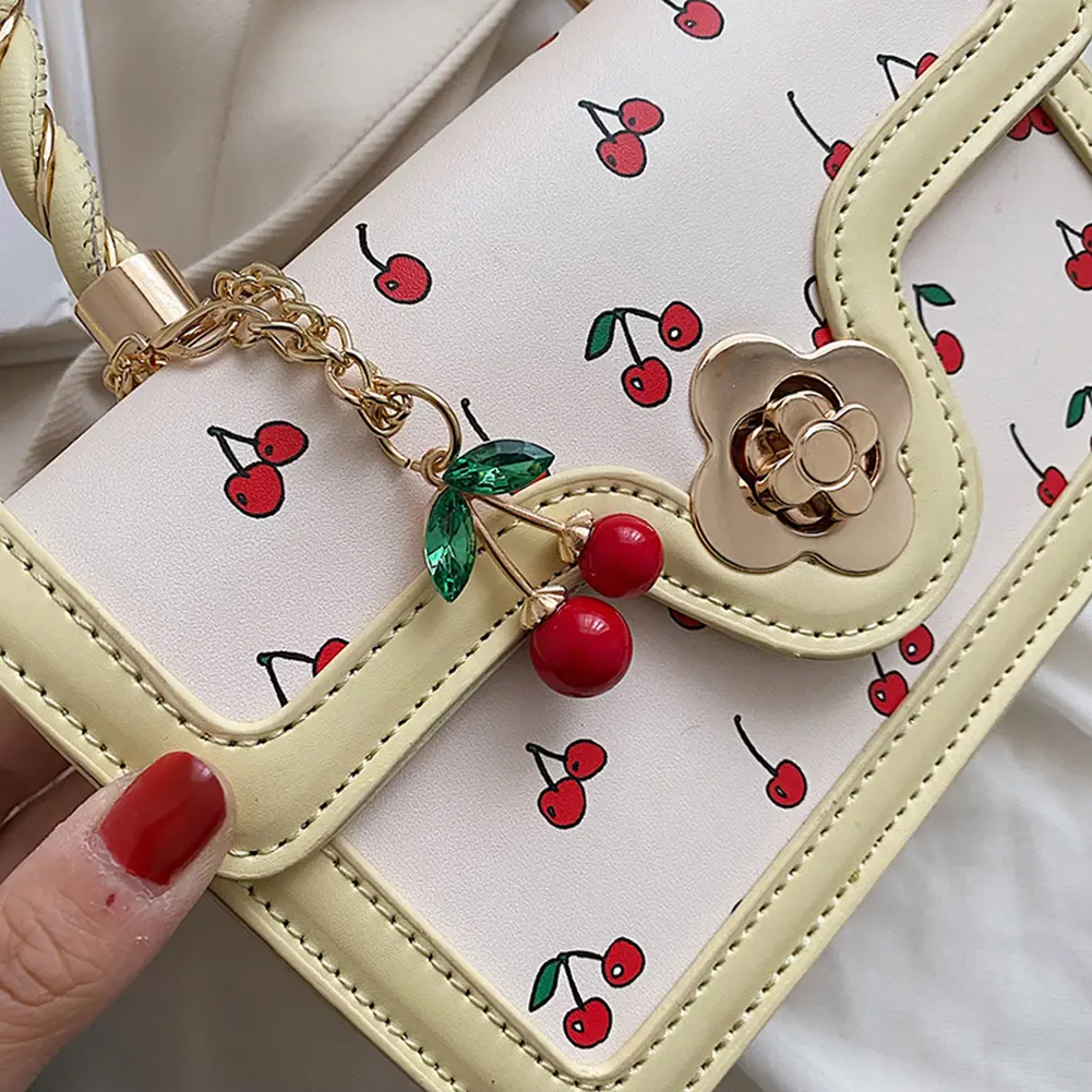 Women Cherry Shoulder Bag Adjustable Strap Cherry Square Chain Bag Versatile Sweet Cherry Crossbody Bag Female Daily Commute Bag