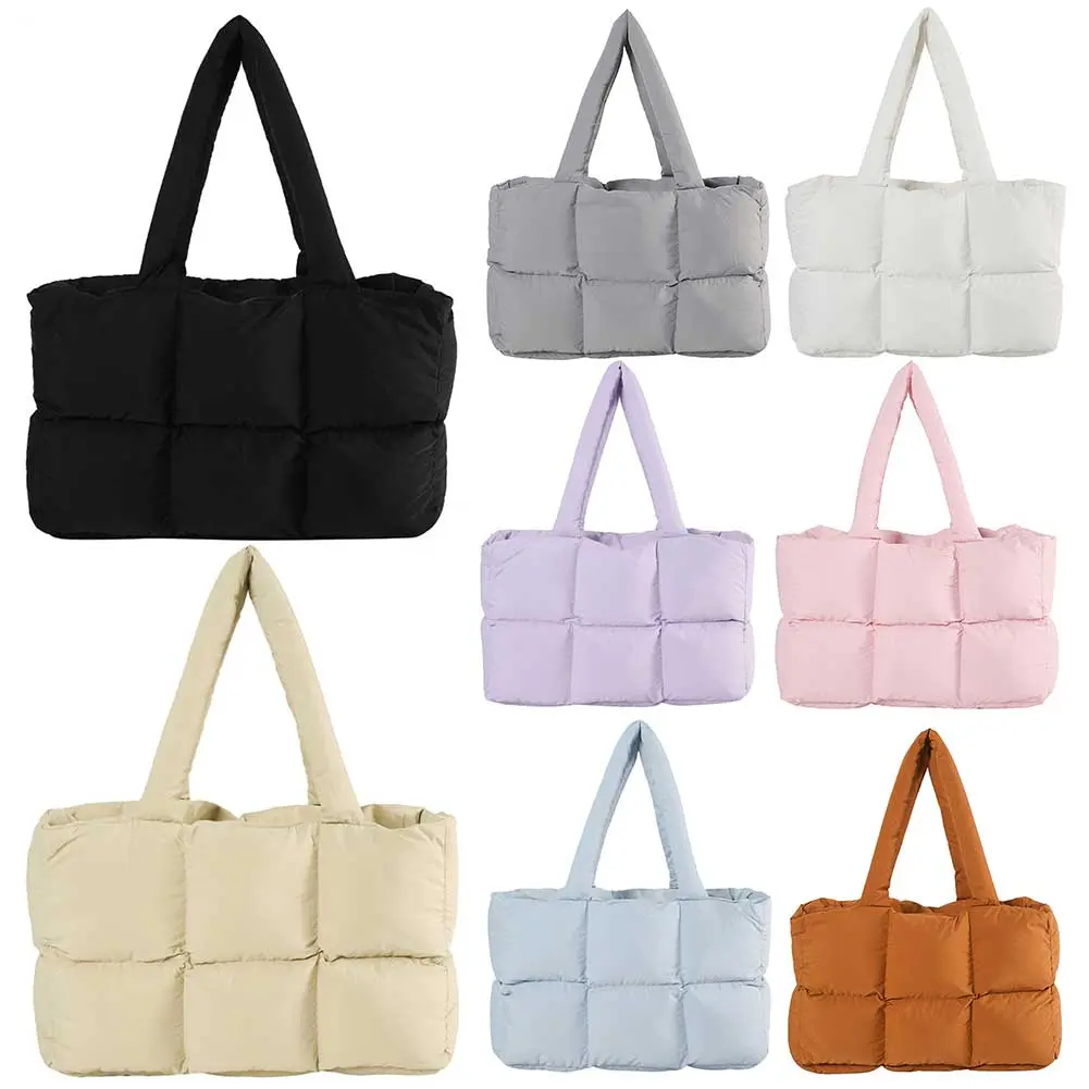 Women Puffer Shoulder Bag Solid Color Quilted Single Shoulder Bag Large Capacity Soft Cloud Tote Bag Trendy Commuting Bags