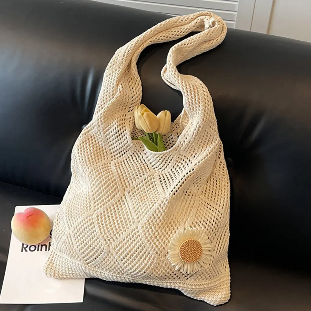 Crochet Tote Bag Flower Knit Summer Hobo Bag Aesthetic Knitted Shoulder Bag Hollow Vacation Boho Tote Bag for Women