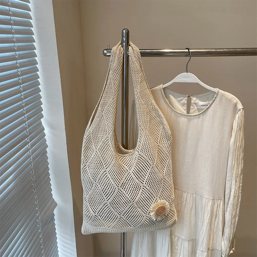 Crochet Tote Bag Flower Knit Summer Hobo Bag Aesthetic Knitted Shoulder Bag Hollow Vacation Boho Tote Bag for Women