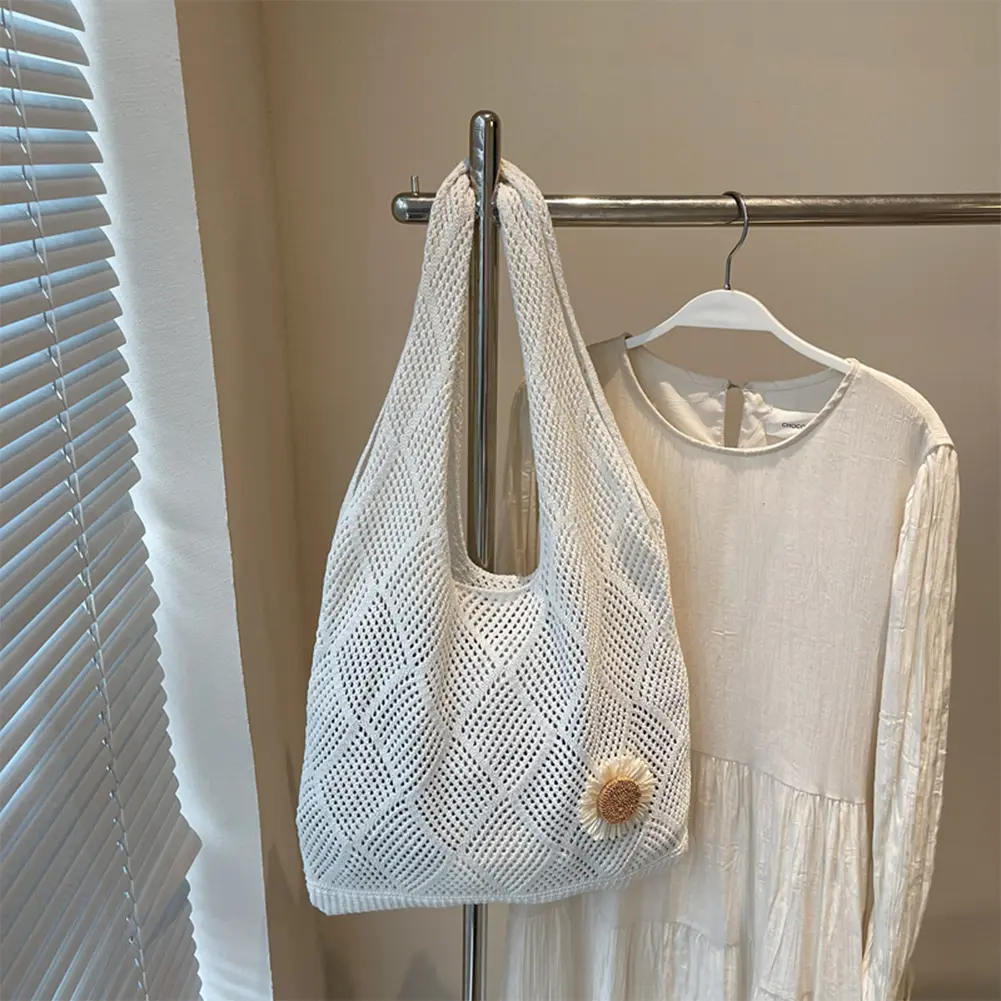 Crochet Tote Bag Flower Knit Summer Hobo Bag Aesthetic Knitted Shoulder Bag Hollow Vacation Boho Tote Bag for Women