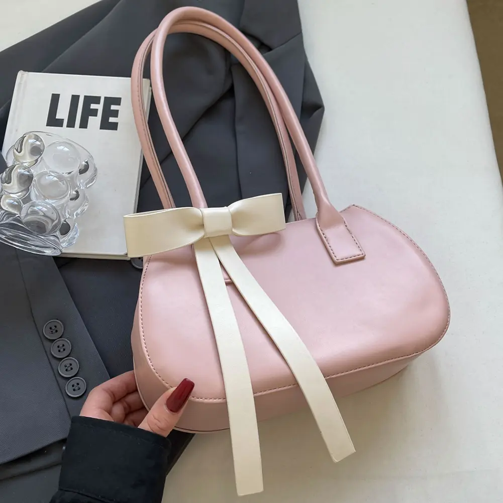 Women Small Underarm Bag with Bow Leisure Armpit Handbag Contrast Color Travel Underarm Handbag Girls Outdoor Daily Bag