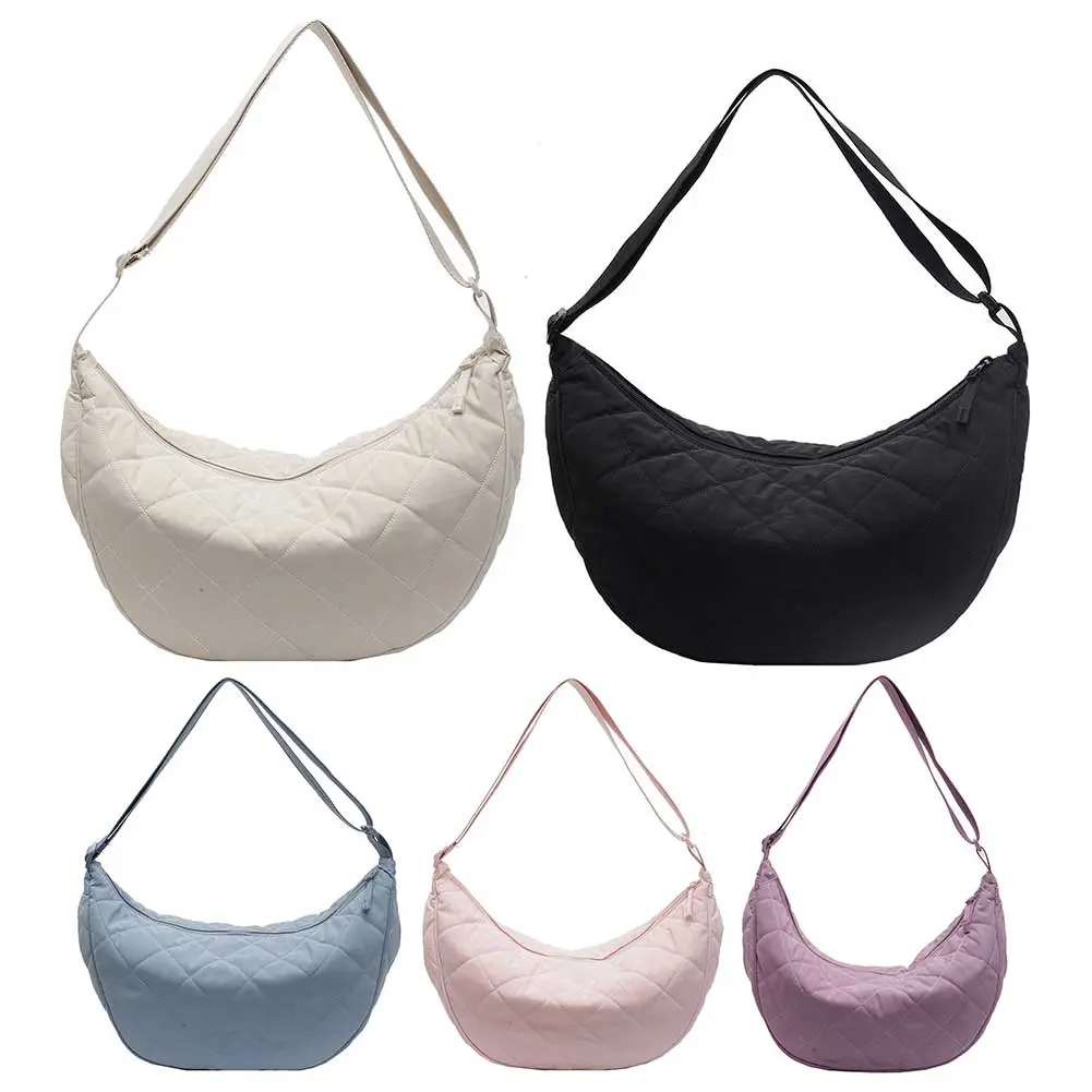 Women Quilted Puffer Shoulder Bag Large Capacity Puffy Crossbody Bag Adjustable Strap Simple Dumpling Handbag Female Commute Bag