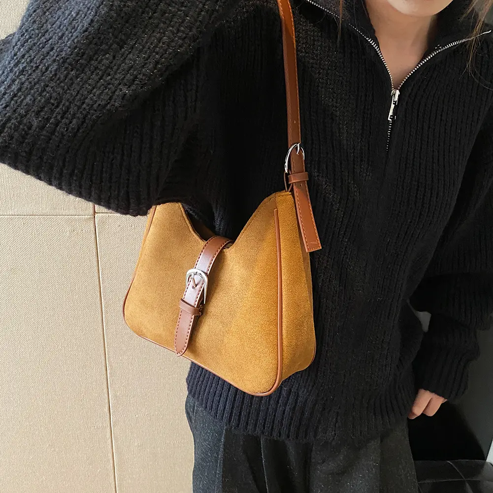 Women Suede Shoulder Bag Adjustable Strap Crossbody Bag with Zipper Tote Bag for Work Travel