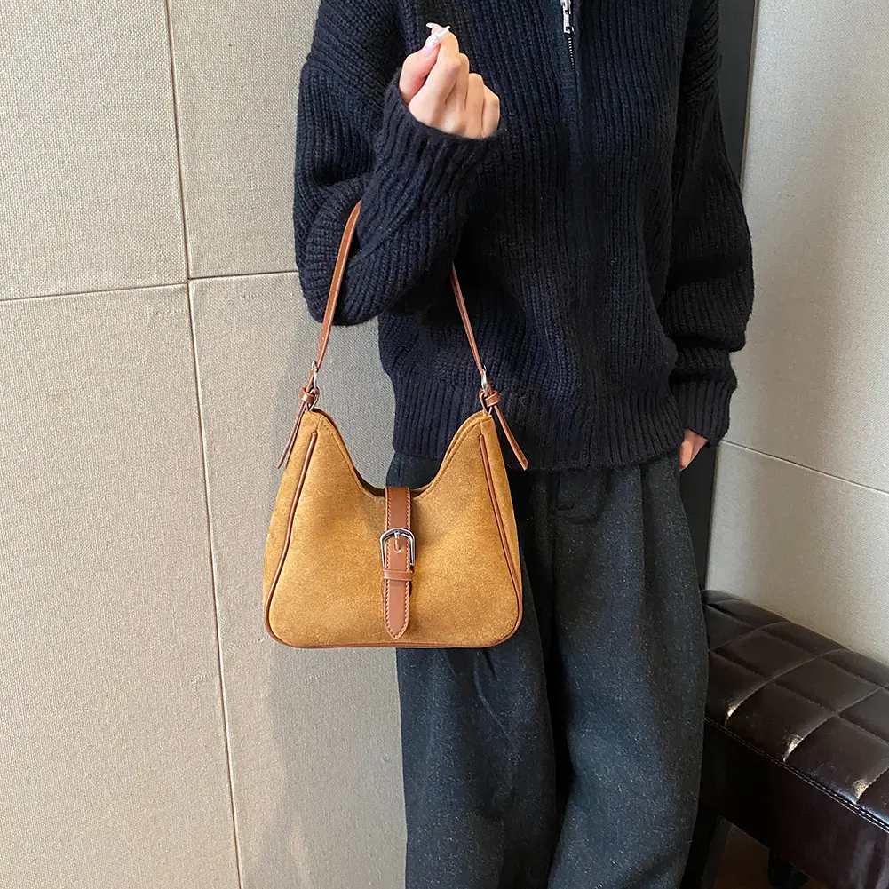 Women Suede Shoulder Bag Adjustable Strap Crossbody Bag with Zipper Tote Bag for Work Travel