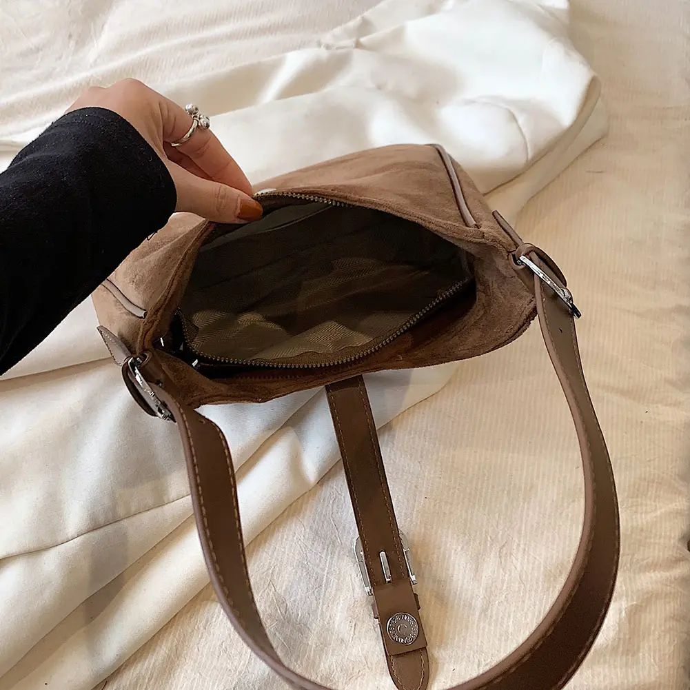 Women Suede Shoulder Bag Adjustable Strap Crossbody Bag with Zipper Tote Bag for Work Travel
