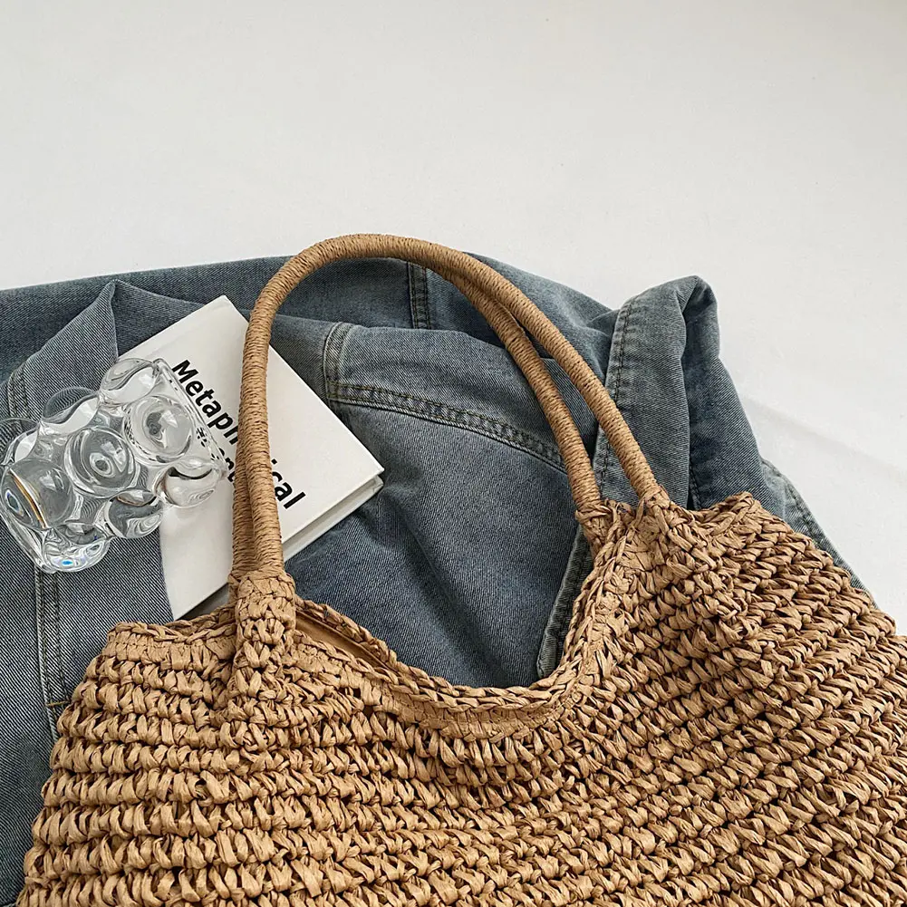 Women Straw Tote Handbag Hasp Closure Crochet Beach Handbag Solid Color Simple Weaving Handbag Ladies Summer Daily Bag