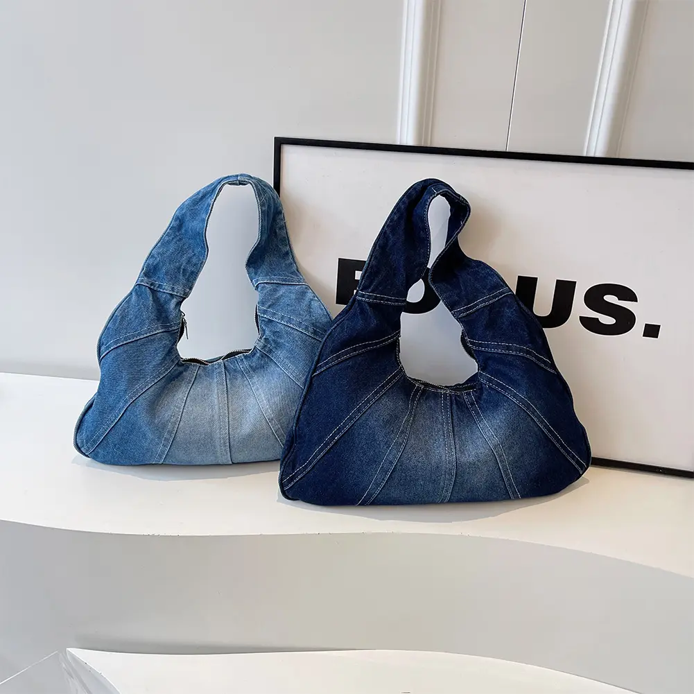 Women Denim Shoulder Bag with Zipper Underarm Purse Trendy With Pocket Clutch Bag for Work Travel Shopping