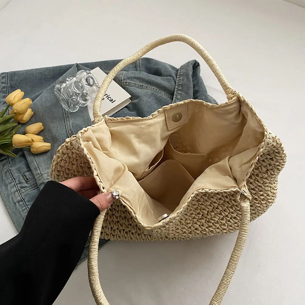 Women Straw Tote Handbag Hasp Closure Crochet Beach Handbag Solid Color Simple Weaving Handbag Ladies Summer Daily Bag
