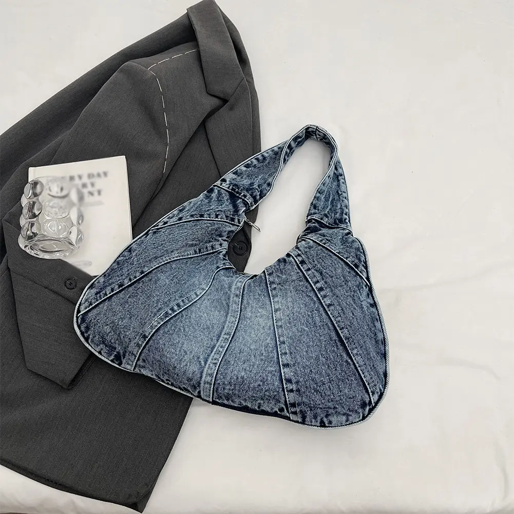 Women Denim Shoulder Bag with Zipper Underarm Purse Trendy With Pocket Clutch Bag for Work Travel Shopping