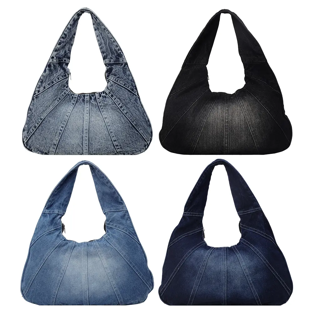 Women Denim Shoulder Bag with Zipper Underarm Purse Trendy With Pocket Clutch Bag for Work Travel Shopping