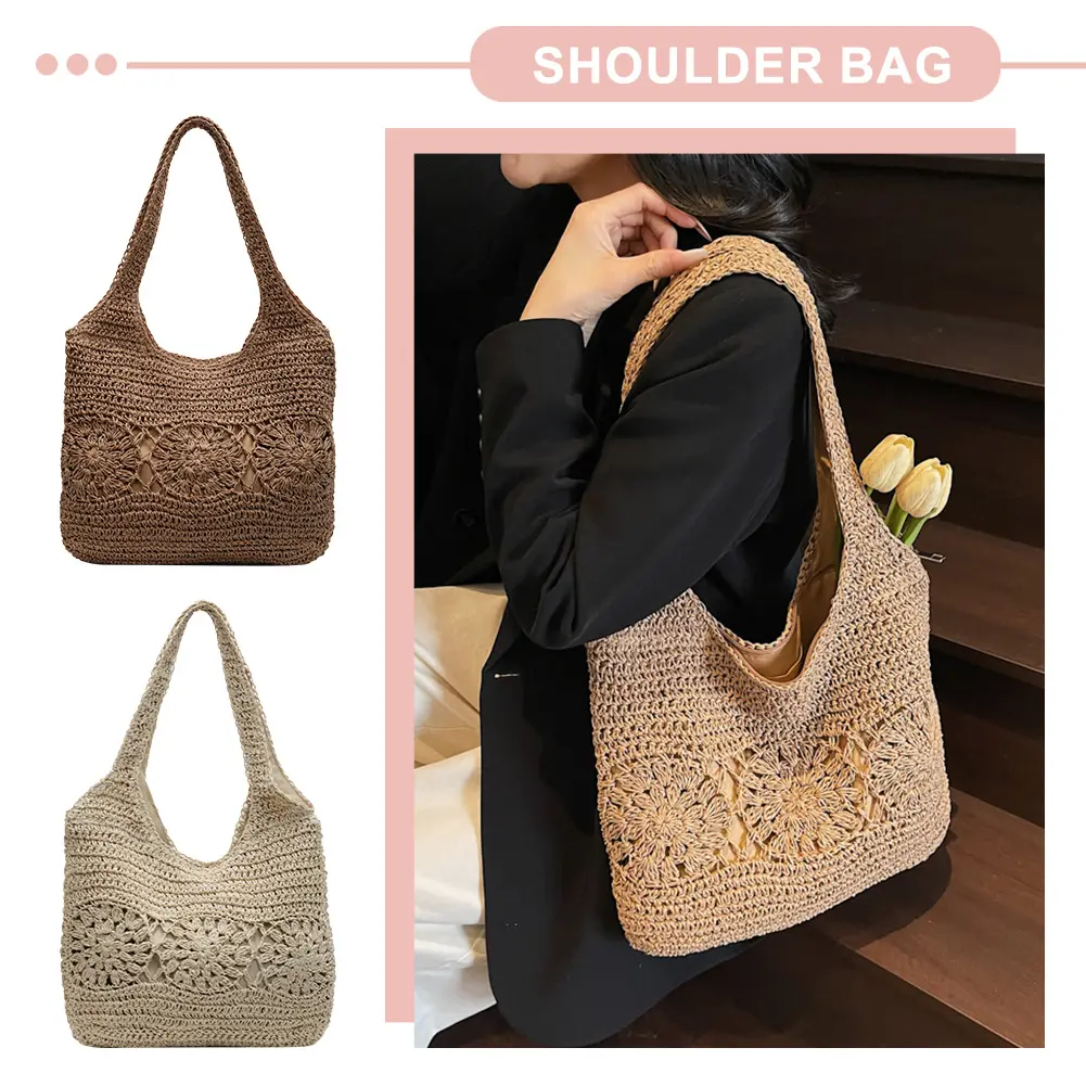 Large Summer Shoulder Bag with Zipper Woven Tote Bag Handbag Hobo Bag Shoulder Purse for Women Travel Vacation