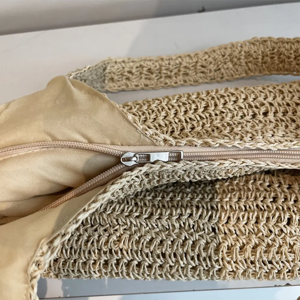 Large Summer Shoulder Bag with Zipper Woven Tote Bag Handbag Hobo Bag Shoulder Purse for Women Travel Vacation