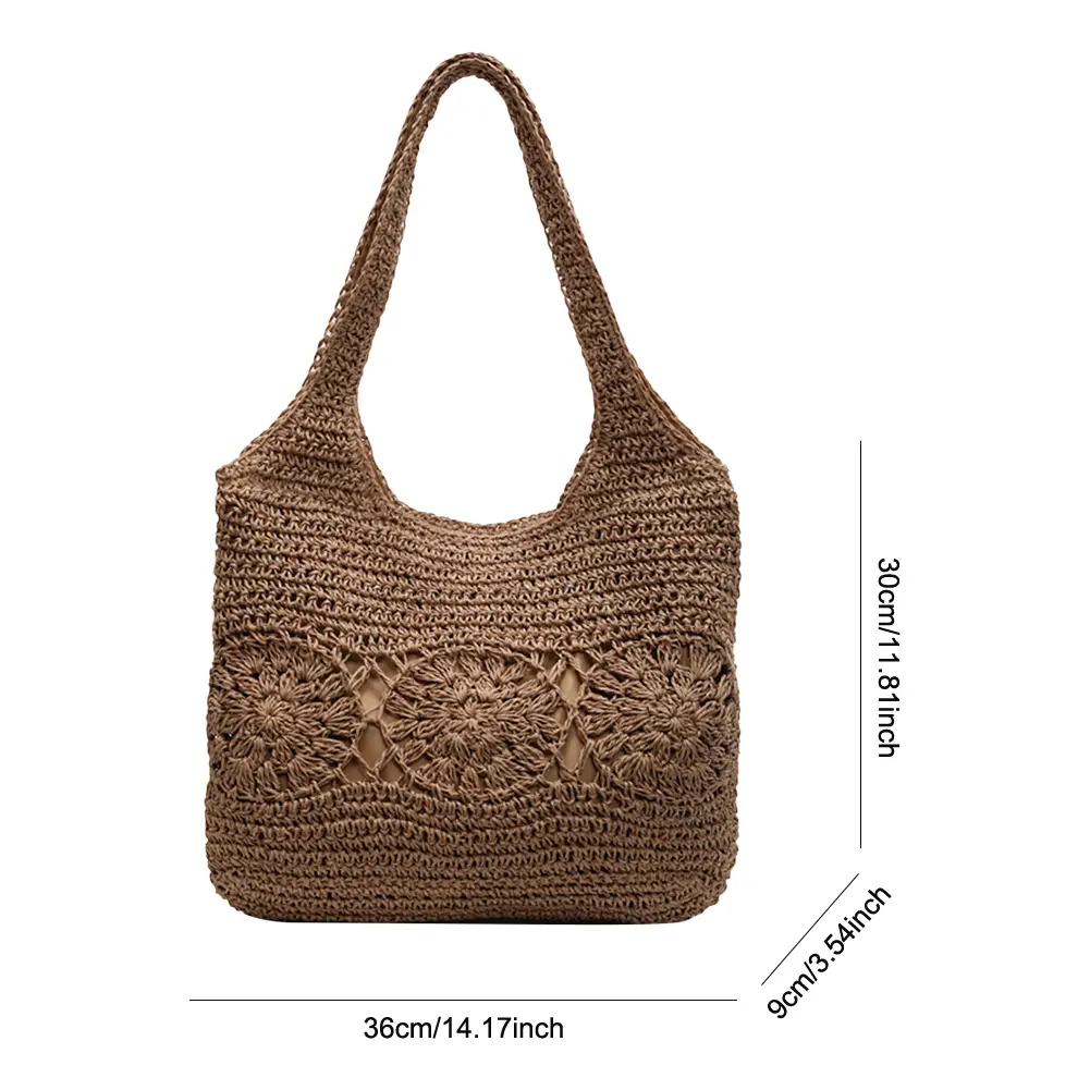 Large Summer Shoulder Bag with Zipper Woven Tote Bag Handbag Hobo Bag Shoulder Purse for Women Travel Vacation