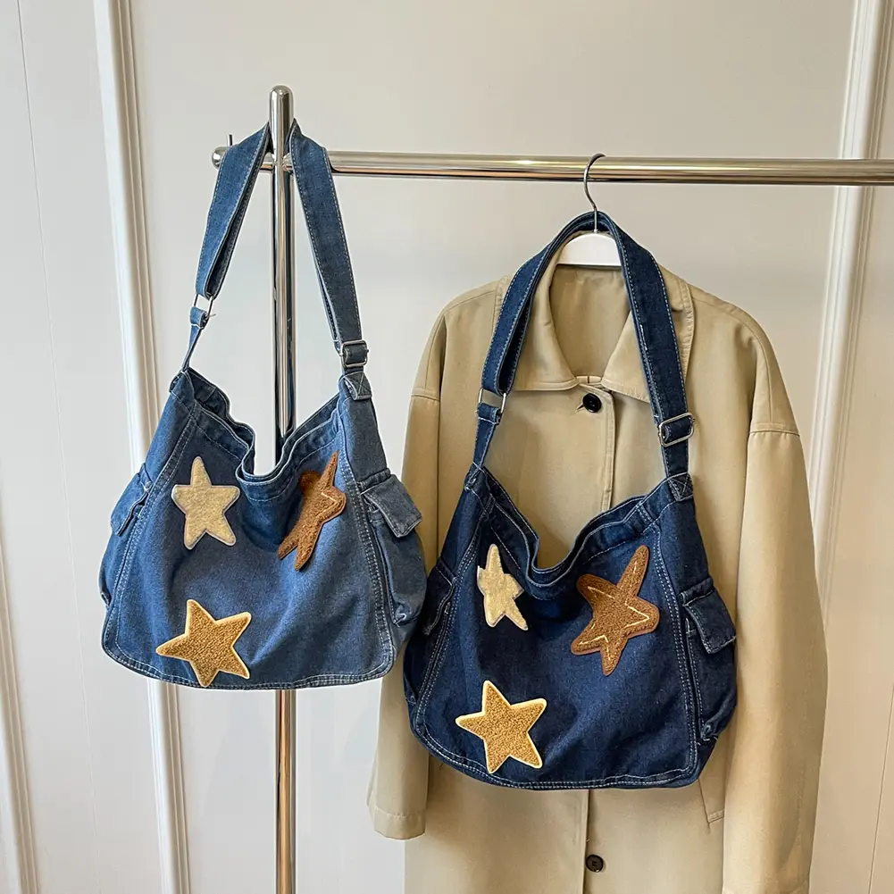 Star Denim Hobo Bag Large Capacity Casual Shoulder Purse with Zipper Adjustable Strap Everyday Purse Multi Pocket for Women