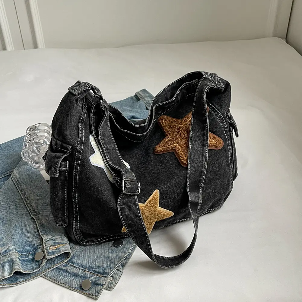 Star Denim Hobo Bag Large Capacity Casual Shoulder Purse with Zipper Adjustable Strap Everyday Purse Multi Pocket for Women