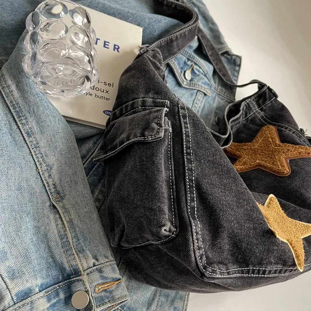 Star Denim Hobo Bag Large Capacity Casual Shoulder Purse with Zipper Adjustable Strap Everyday Purse Multi Pocket for Women