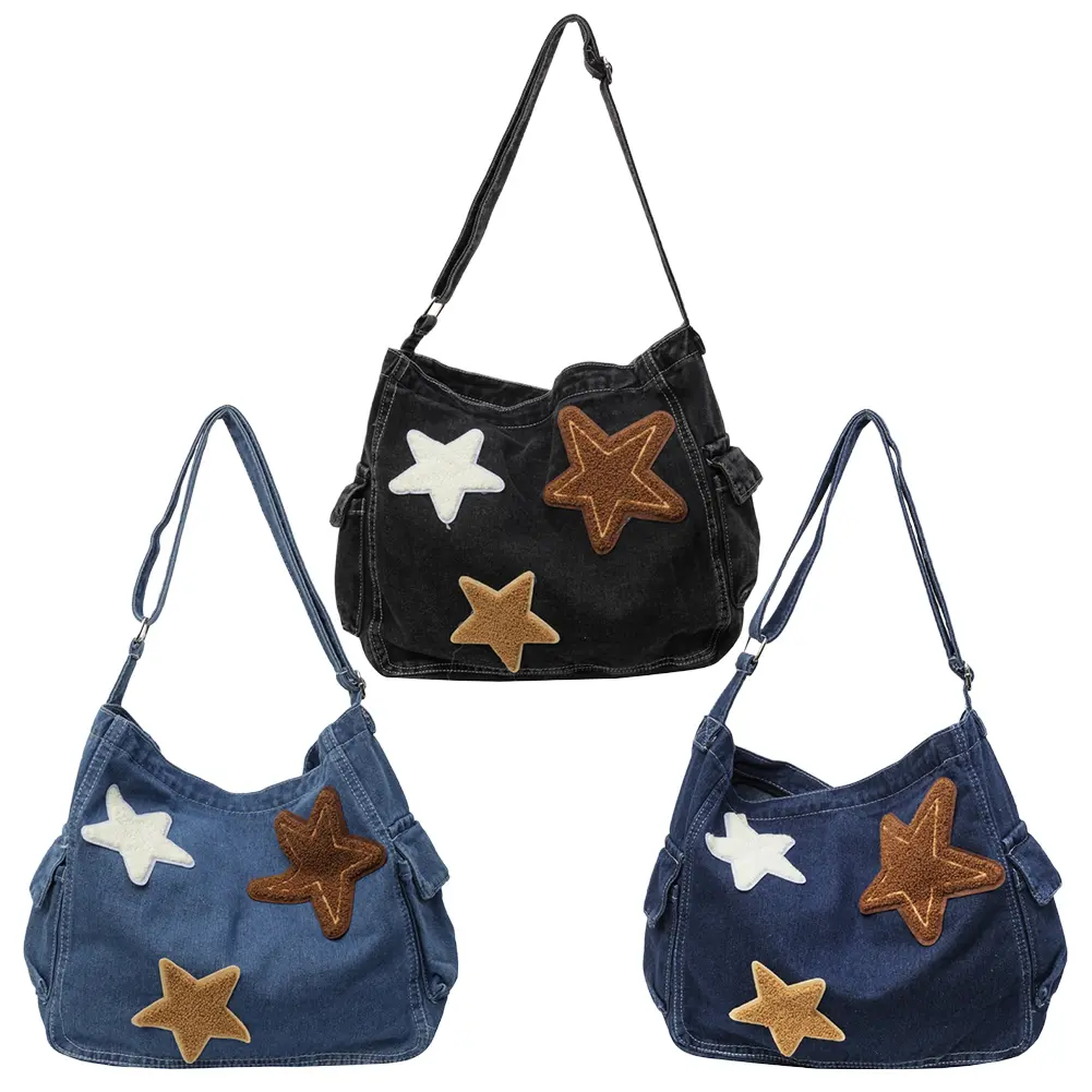 Star Denim Hobo Bag Large Capacity Casual Shoulder Purse with Zipper Adjustable Strap Everyday Purse Multi Pocket for Women