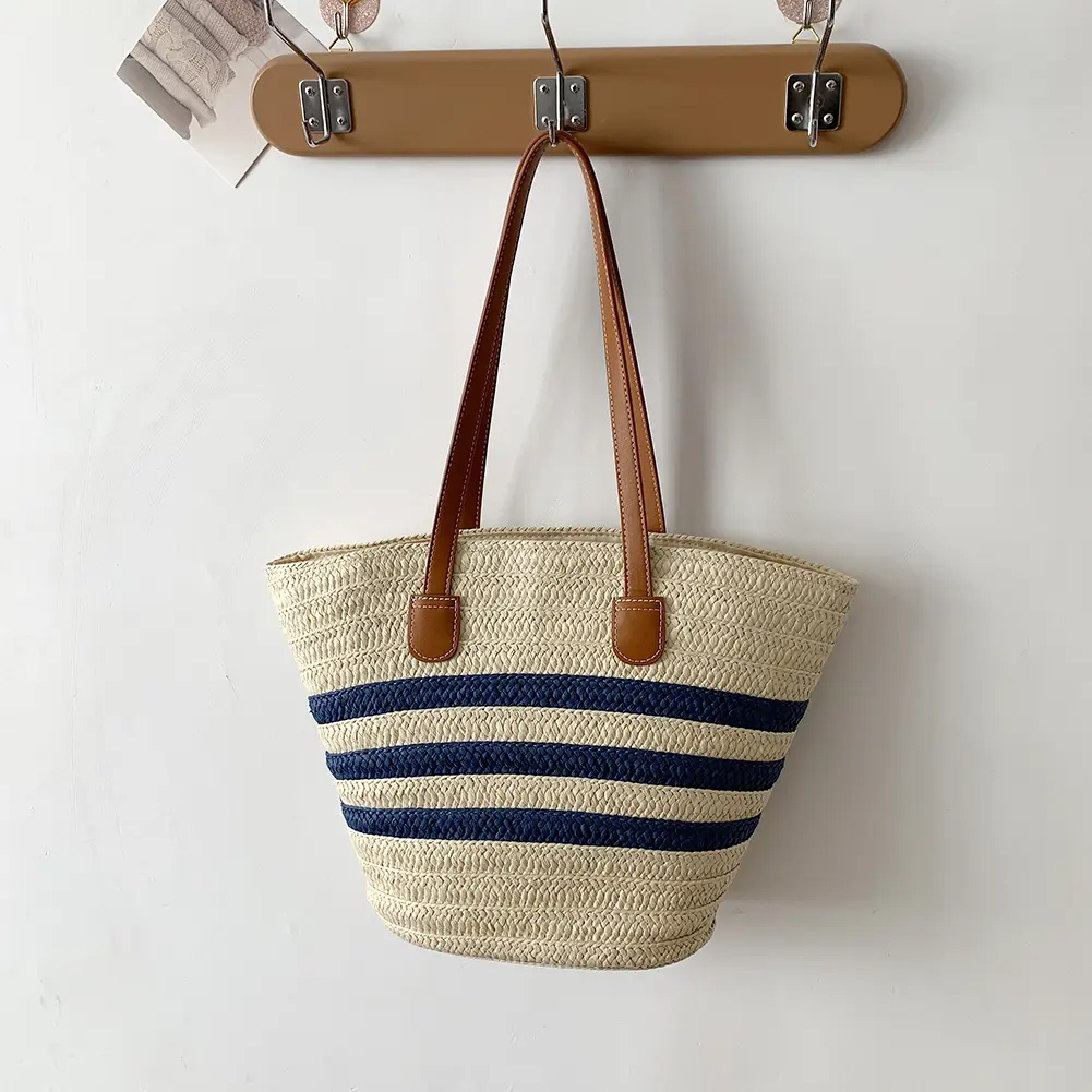 Women Striped Tote Handbag Color Contrast Crochet Beach Handbag Large Capacity Striped Straw Handbag Ladies Summer Daily Bag