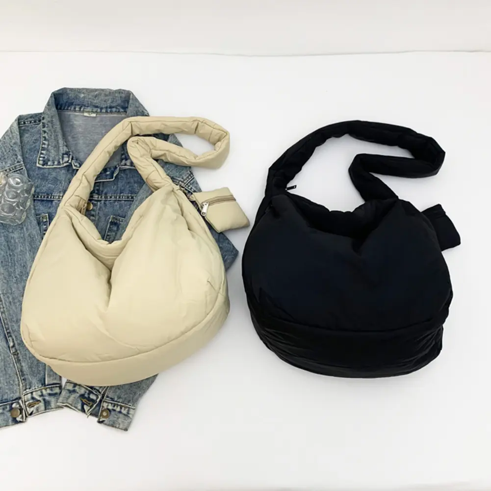 Women Nylon Shoulder Bag with Inner Pocket Messenger Bag with Zipper Solid Color Hobo Bag for Work Travel