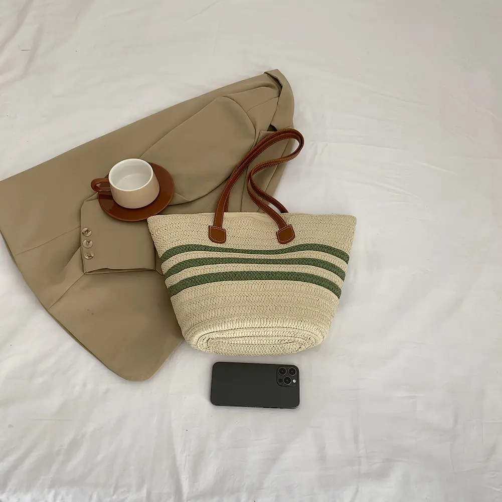 Women Striped Tote Handbag Color Contrast Crochet Beach Handbag Large Capacity Striped Straw Handbag Ladies Summer Daily Bag