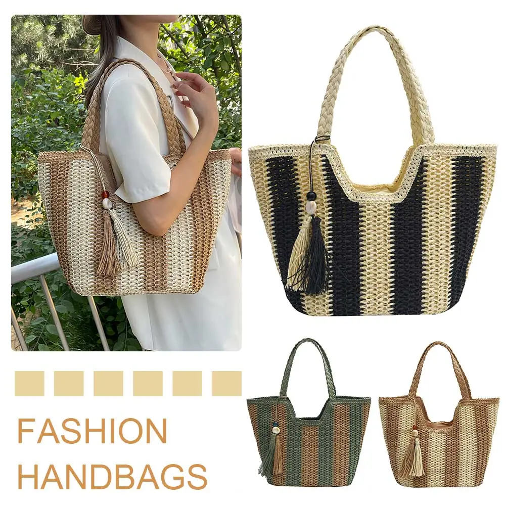 Striped Straw Beach Bag Large Underarm Bag with Tassel Holiday Travel Handbag for Women Work Travel Vacation