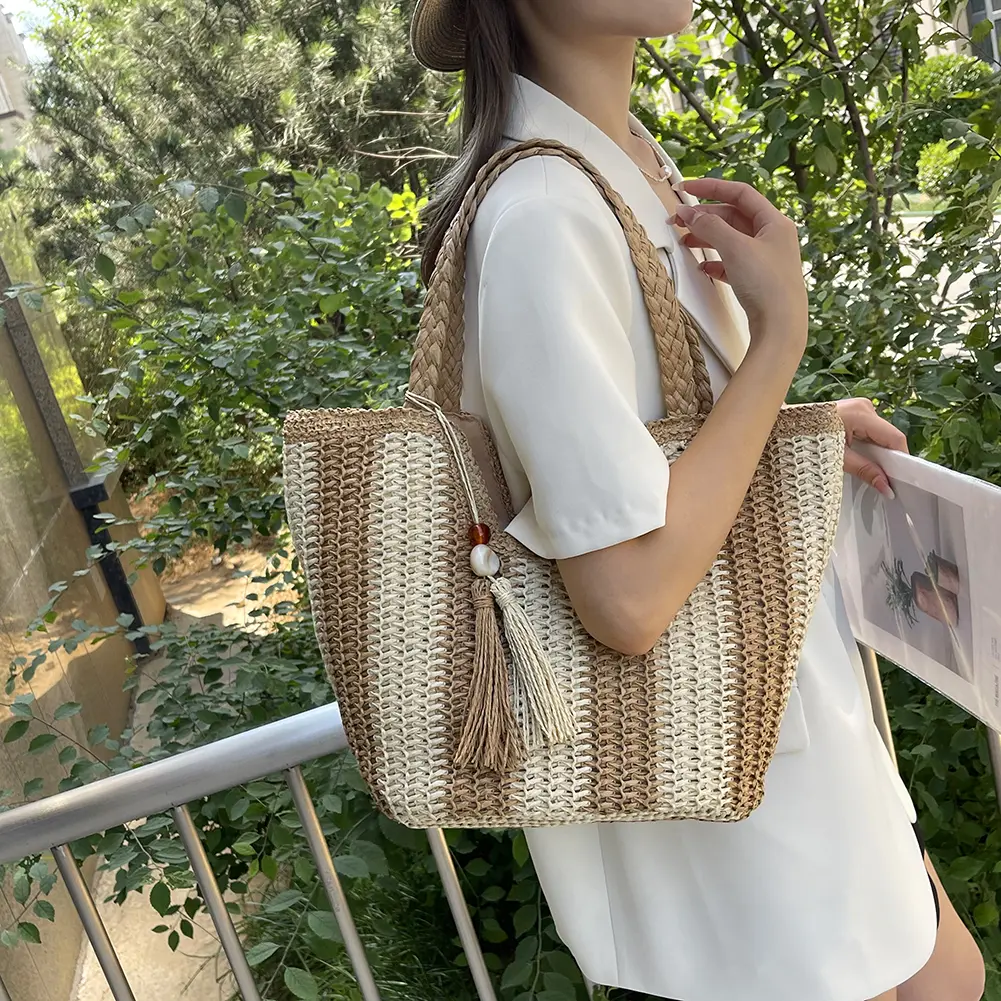 Striped Straw Beach Bag Large Underarm Bag with Tassel Holiday Travel Handbag for Women Work Travel Vacation