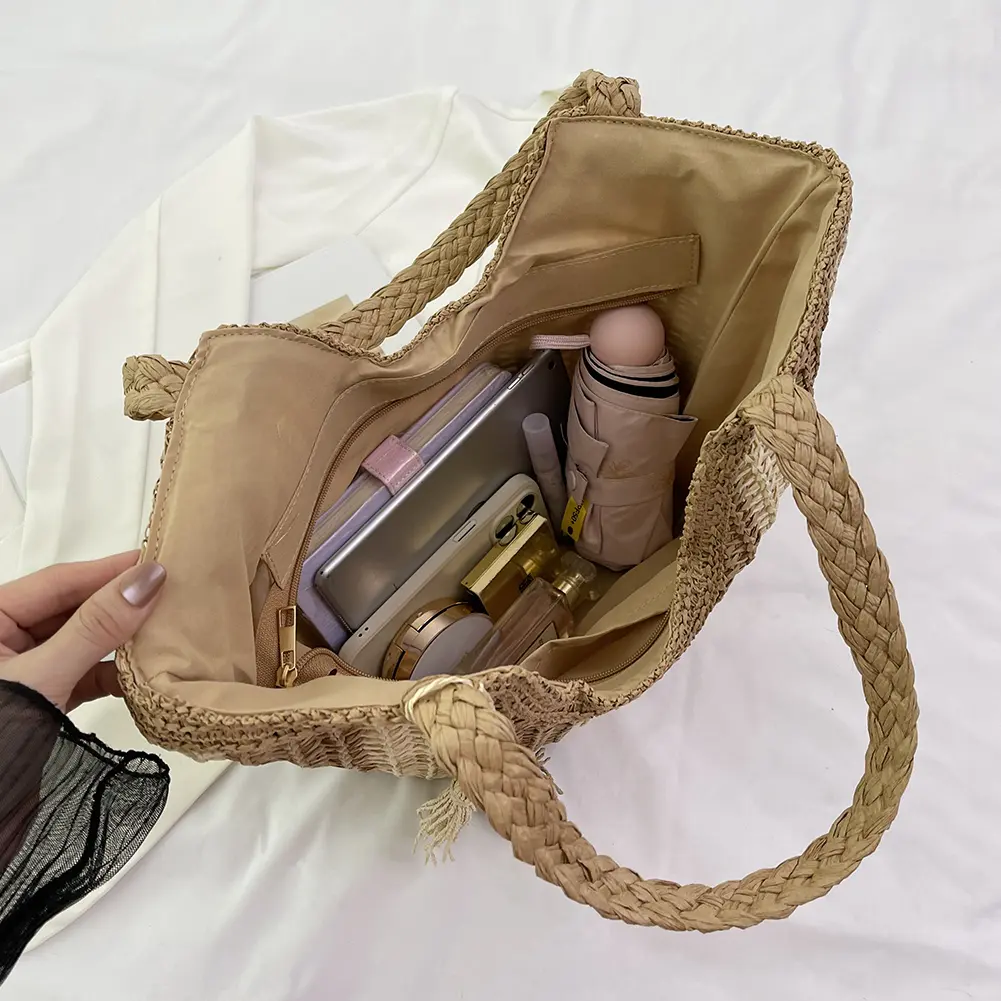 Striped Straw Beach Bag Large Underarm Bag with Tassel Holiday Travel Handbag for Women Work Travel Vacation