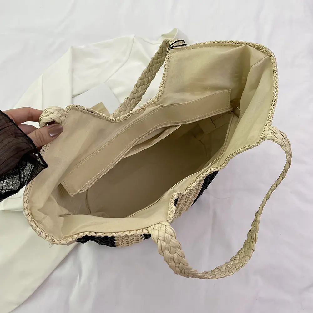 Striped Straw Beach Bag Large Underarm Bag with Tassel Holiday Travel Handbag for Women Work Travel Vacation