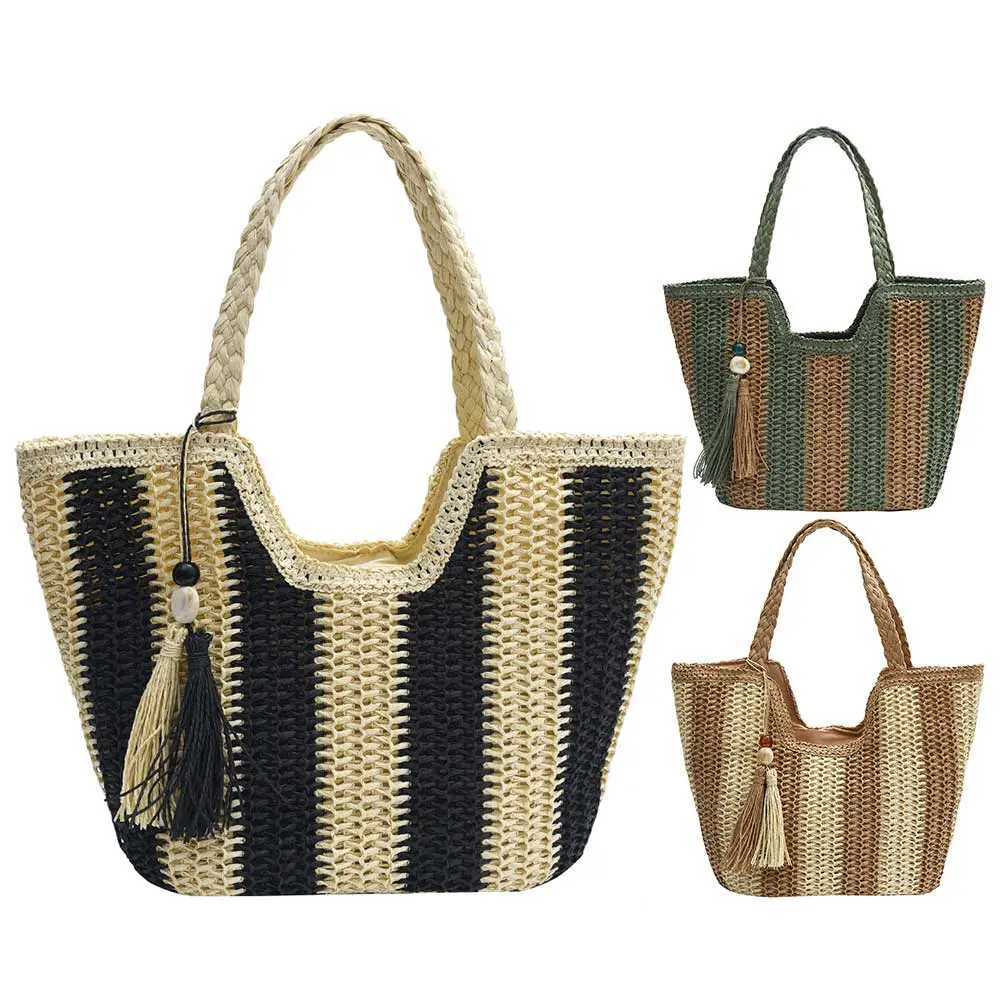 Striped Straw Beach Bag Large Underarm Bag with Tassel Holiday Travel Handbag for Women Work Travel Vacation