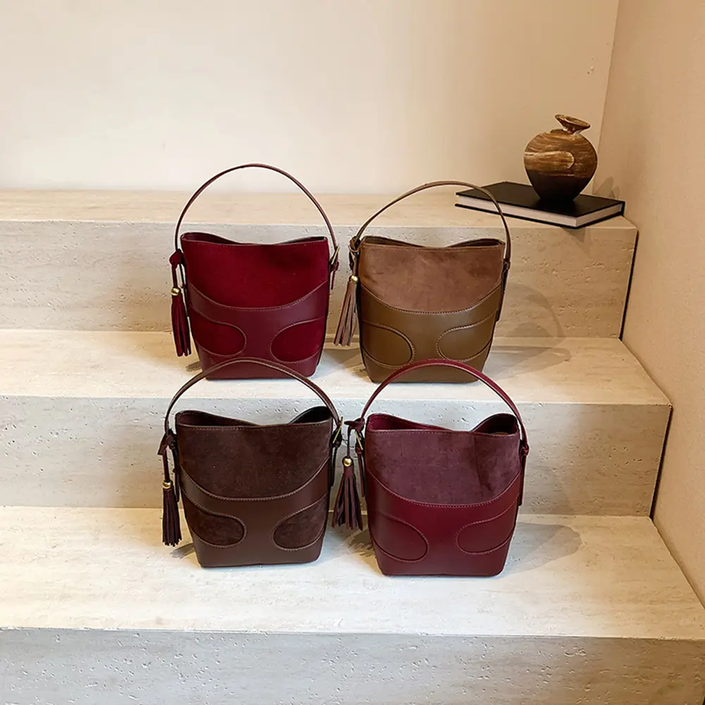 Women Faux Suede Bucket Bag Fashion Tote Bag Solid Color Simple Messenger Bag Adjustable Strap Vintage Sling Bag Chic Hobo Bag